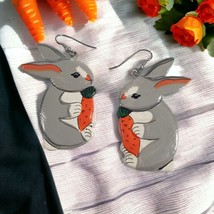 Bunny Vintage Earrings Hand Painted Wooden Womans Easter Rabbit Jewelry Costume - £14.69 GBP