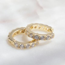 Round Simulated Diamond Women Hoop Huggies Earrings 14k Yellow Gold Plated - £32.34 GBP