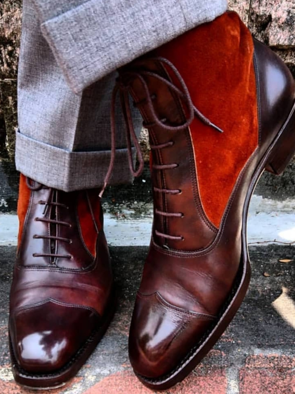New Men's ankle leather boots, Men two tone maroon suede and leather boot Mens