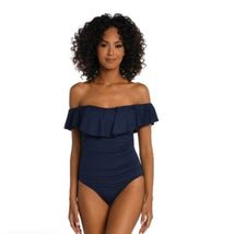 La Blanca | Navy Blue Island Ruffle Off-Shoulder One-Piece - Women Size 6 - $32.66