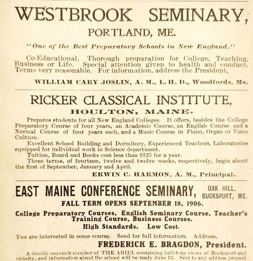 1906 Maine Academies Seminaries Institutes Advertisement College Educati... - £18.82 GBP