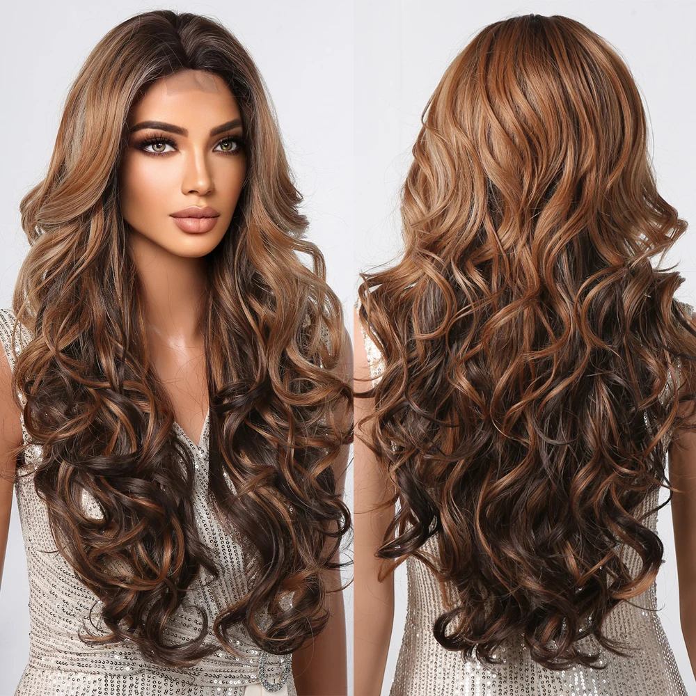 Long Curly Mixed Golden Dark Brown Hairline Lace Synthetic Wigs Middle Part Ha - £19.72 GBP+