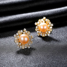 Flower Earrings, Studs, Delicate Micro-Inlaid Zircon, Freshwater Pearls, Lady&#39;s  - £24.93 GBP