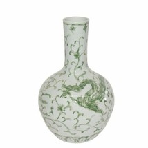 Beautiful Green and White Porcelain Medallion Plum Shaped Vase Dragon Lotus 21&quot; - £254.78 GBP