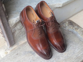 Handmade Brown Brogue Lace Up Pebbled Leather Shoes, Men Dress Formal Shoes - £114.05 GBP+