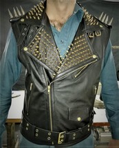 Gold Studded Vest Jacket Handmade Men Black Punk Silver Long Spiked Studded Leat - £135.24 GBP