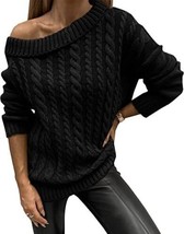 Women&#39;s Black One Shoulder Long Sleeve Chunky Knit Sexy Sweater - Size: M - £14.67 GBP