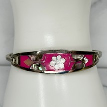 Vintage Mexico Silver Tone Abalone Shell Butterfly Flower Hinge Bangle Bracelet - £19.46 GBP