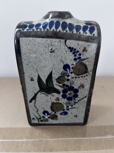 Primary image for Mexican Folk Art Pottery Decanter Vase Hand Painted rectangle 4.5"x7" signed