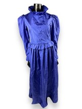 Vtg Royal Blue Purple Victorian Puff Sleeve Dress Buttons Ruffle 32x26x56” - £62.12 GBP