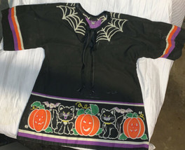 Halloween Shirt Cat Pumpkin Bat Spiderweb Short Sleeve Vintage Homemad - £38.30 GBP