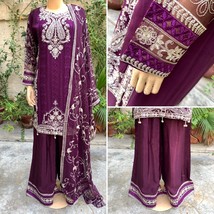 Pakistani Purple Straight Style Embroidered Sequins 3pcs Chiffon Dress,L - £58.80 GBP