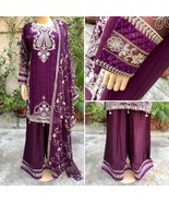 Pakistani Purple Straight Style Embroidered Sequins 3pcs Chiffon Dress,L - £58.69 GBP