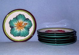 Clay Art Hibiscus 6 Canape Snack Dessert Plates Handpainted - $14.99