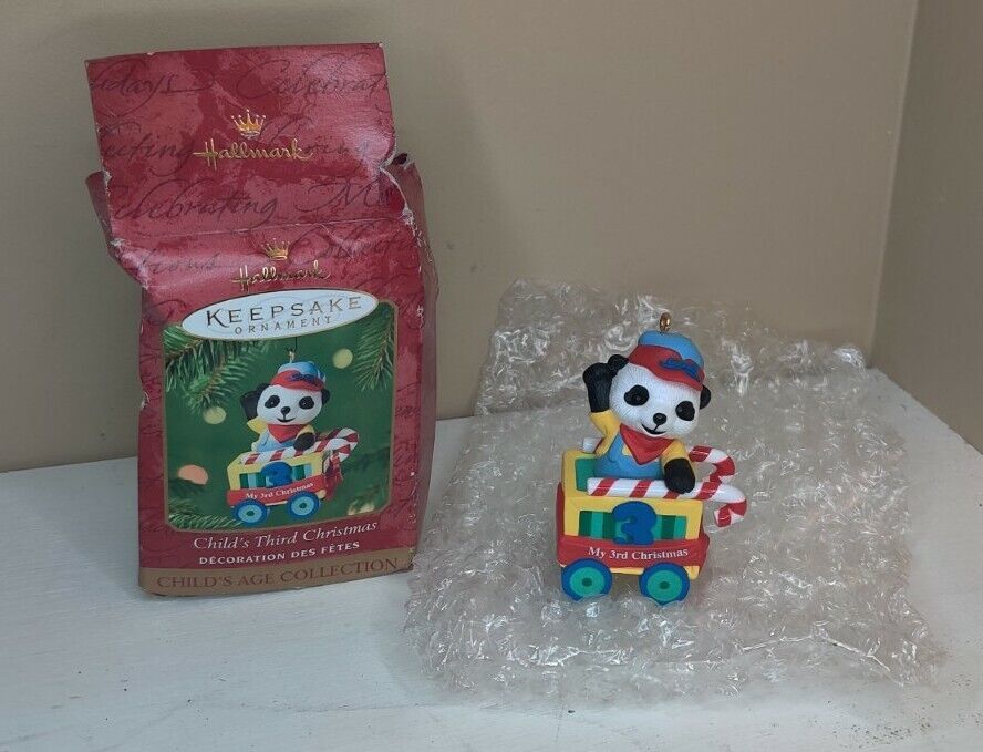 Vintage Hallmark Keepsake Ornament 2001 Child&#39;s 3rd Christmas Panda In Cart - $1.30