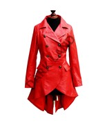 Red Double Breasted Leather Coat Elegant Women Military Style Dovetail R... - $368.00