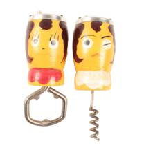 Cute Vintage Wooden People Salt and Pepper Shaker Bottle Opener Corkscrew - $6.79
