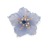 18k or Jaune Sculpté Bleu Calcédoine Et Sertie Broche 2.5 &quot; x 2.25 &quot; 35g - $4,526.46