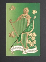 St Patricks Day Greetings Gold Harp Clovers Flag Embossed Germany Postca... - $9.99