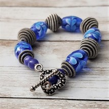 Vintage Bracelet Blue Glass Beads &amp; Silver Tone Wire Beads &amp; Heart Closure - $14.99