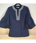 Tory Burch Ariana Navy Tunic Blouse Bell Sleeves Loose Fit Size 0 Embell... - $884.36 MXN