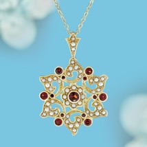 Natural Garnet and Pearl Vintage Style Floral Cluster Pendant in Solid 9K Gold - £1,505.68 GBP