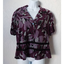 R&amp;M Richards Purple Floral Blouse Jacket Button Up Keyhole Short Sleeve ... - £12.40 GBP