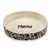 Cat Dish Ceramic Bowl Black White Animal Print &quot;Meow&quot; Design Oval 6&quot; Hol... - £19.52 GBP