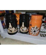 Set 3 Halloween Candle Holders Ceramic 8&quot; Tall Spider Webs Orange Cemete... - $23.99