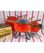 Amazing Mid Century 1970&#39;s Orange Enamelware 15pc Fondue Pot with Stand ... - $48.00