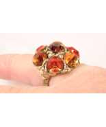 Large Statement Rhinestone Adjustable Ring Yellow Orange Amber Super Bling - $11.29