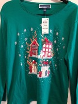 Karen Scott Womens Green Christmas LS Tshirt Cute Ugly Holiday Houses Top Size L - £13.48 GBP