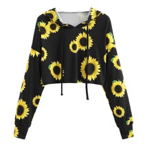 flower Print Hoodies Women Sweatshirt Autumn Ladies Crop Top Hooded Long Sleeve  - £47.96 GBP