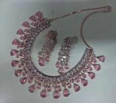 Bollywood Style Rose Gold Polish Indian Jewelry CZ Choker Necklace Pink Set - £98.16 GBP