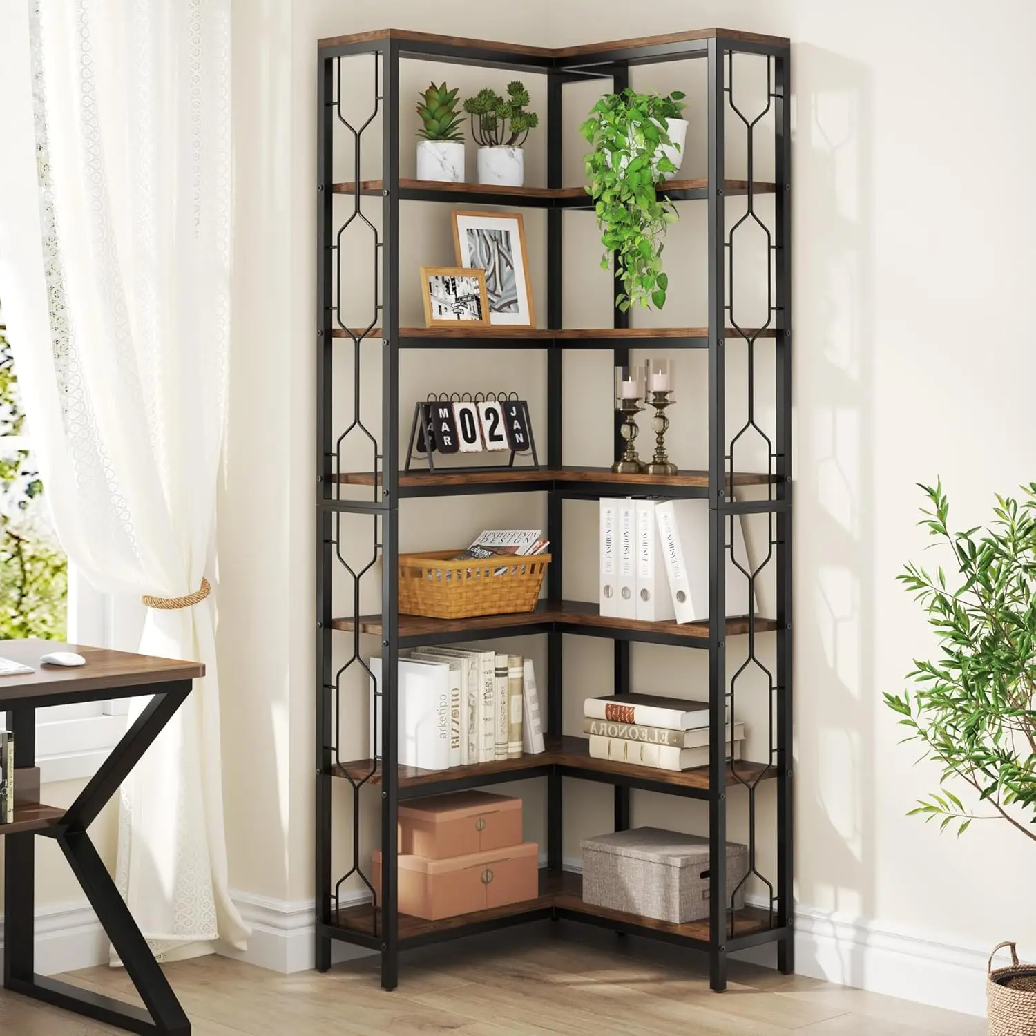 7-Tier Industrial Corner Bookshelf,Wood and Metal Corner Bookcase,Freest... - $236.14+