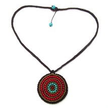 Mosaic Medallion Turquoise-Coral Embroidered Cotton Rope Necklace - £17.72 GBP