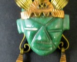 HUGE 1950s Handmade Copper Brass &amp; Carved Green Onyx FACE Brooch Pin PEN... - $198.00