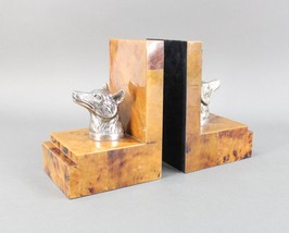 Vintage Pewter Silver Tone Fox Wolf Dog Crackled Laminate Wood Bookends - £137.30 GBP