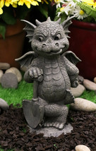 Whimsical Garden Dragon With Shovel Statue 11.5&quot;H Gardening Green Thumb Dragon - £35.58 GBP