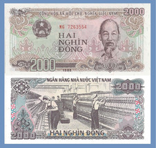 Viet Nam P-107a, 2000 Dong, Ho Chi Minh / textile UNC - £1.42 GBP