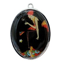 Vintage Lady Bubbles Altered Art Bead Drop Silver Oval Frame Focal 54mm Pendant - £4.00 GBP