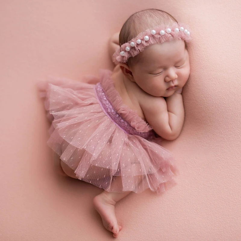 Play Newborn Photography Props Lace Skirt Pearl Headband Set Baby Photo Shooting - £23.10 GBP