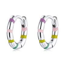 Silver Colorful Mini Ribbon Ear Buckles Rainbow 925 Sterling Silver Hoop Earring - £15.50 GBP