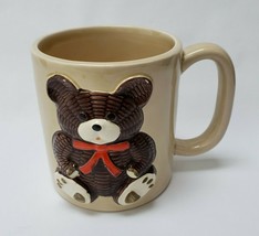 Vintage Otagiri Teddy Bear Coffee Mug Hand Painted Red Ribbon 3D Raised - £31.61 GBP