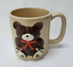 Vintage Otagiri Teddy Bear Coffee Mug Hand Painted Red Ribbon 3D Raised - £31.25 GBP