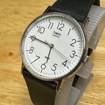 Vintage Timex Quartz Watch Men Silver White Dial Faux Leather Analog New Battery - £21.22 GBP