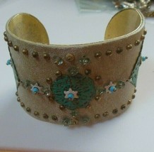 Vintage Brass Studded Jeweled Beaded Wide Cuff Bracelet - £17.61 GBP