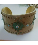 Vintage Brass Studded Jeweled Beaded Wide Cuff Bracelet - $30.91 CAD