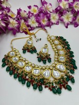 Bollywood Style Kundan Pearl Choker Necklace Earrings Indian Emerald Jewelry Set - £66.86 GBP