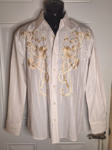 Men&#39;s Gold Embroidered Long Sleeve White Button-Down Dress Shirt Size Med - £29.45 GBP
